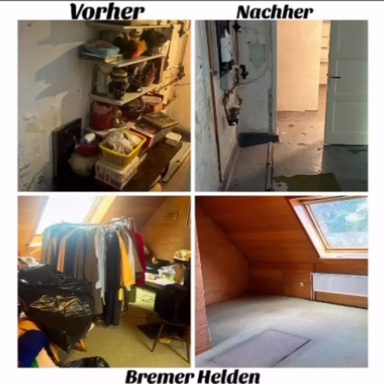 Keller vor und nach der arbeit der Bremer Helden mit geräumten Regalen und freiem Boden